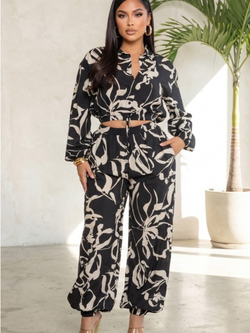 Black & Cream Printed Wide-Leg Pants - Women's Jumpsuit Set ST-81540-BLK